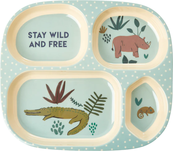 Rice Melamin Kinderteller mit 4er Einteilung - Blau Jungle Animals Print 