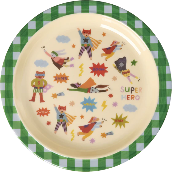 Kinderteller Melamin Grün Hero Print Rice by Rice – Bruchfest BPA-frei