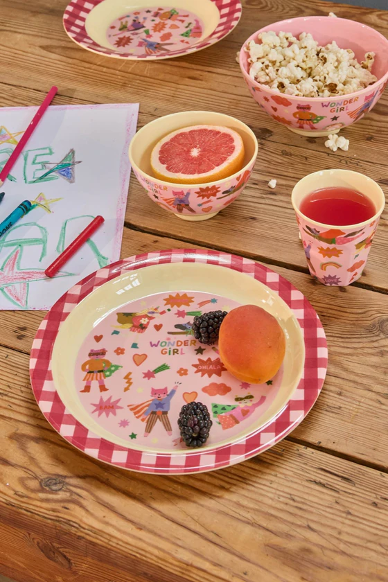 Kinderteller Melamin Rosa Rice by Rice – Superhelden-Design