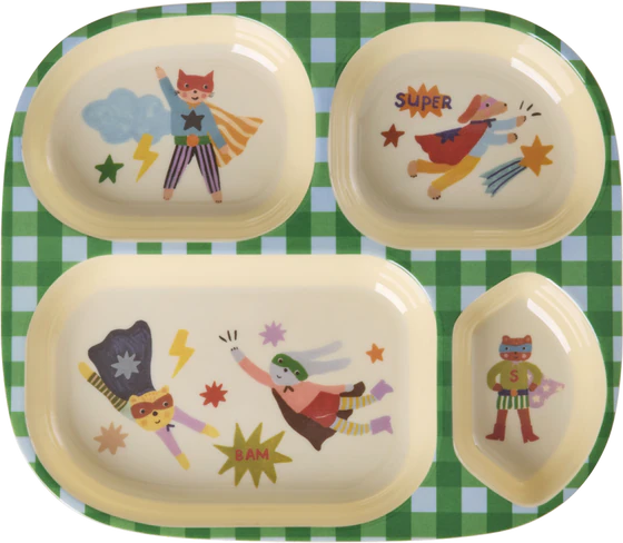 Kinderteller Melamin Hero Print Grün Rice by Rice – BPA-frei