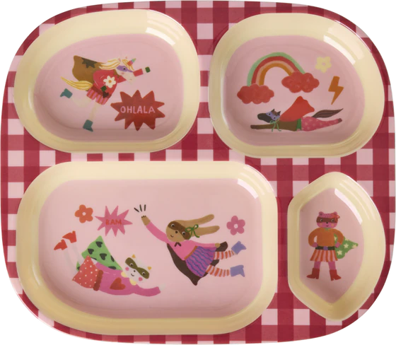 Kinderteller mit Unterteilung Rice by Rice Hero Print Rosa